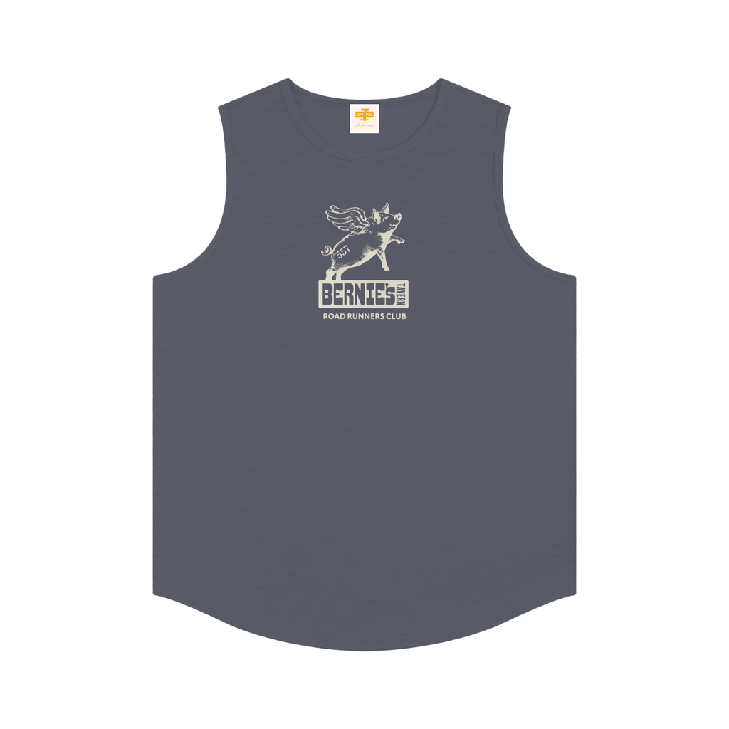 Navy sleeveless shirt with a Bernier's x 557 logo on a white background