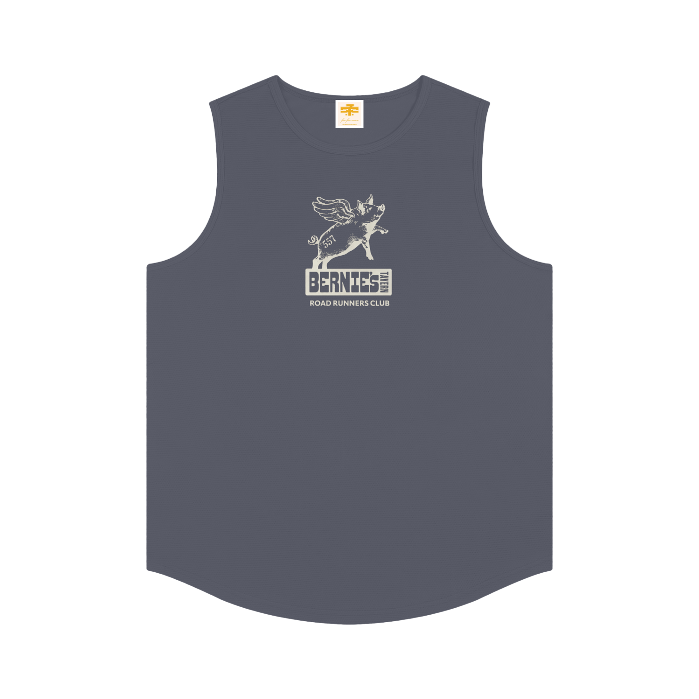 Navy sleeveless shirt with a Bernier's x 557 logo on a white background