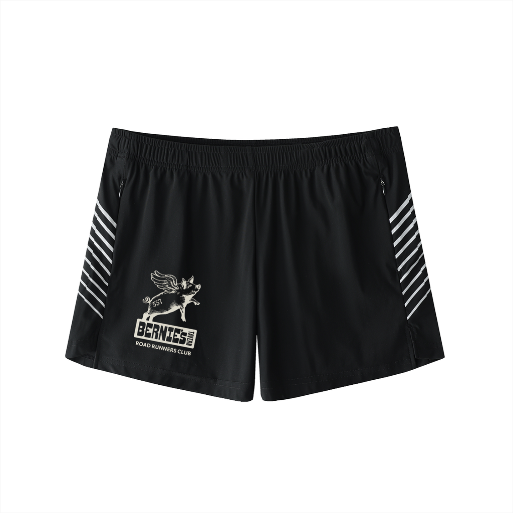 Black shorts with white stripes and a Bernie's x 557 logo on a white background