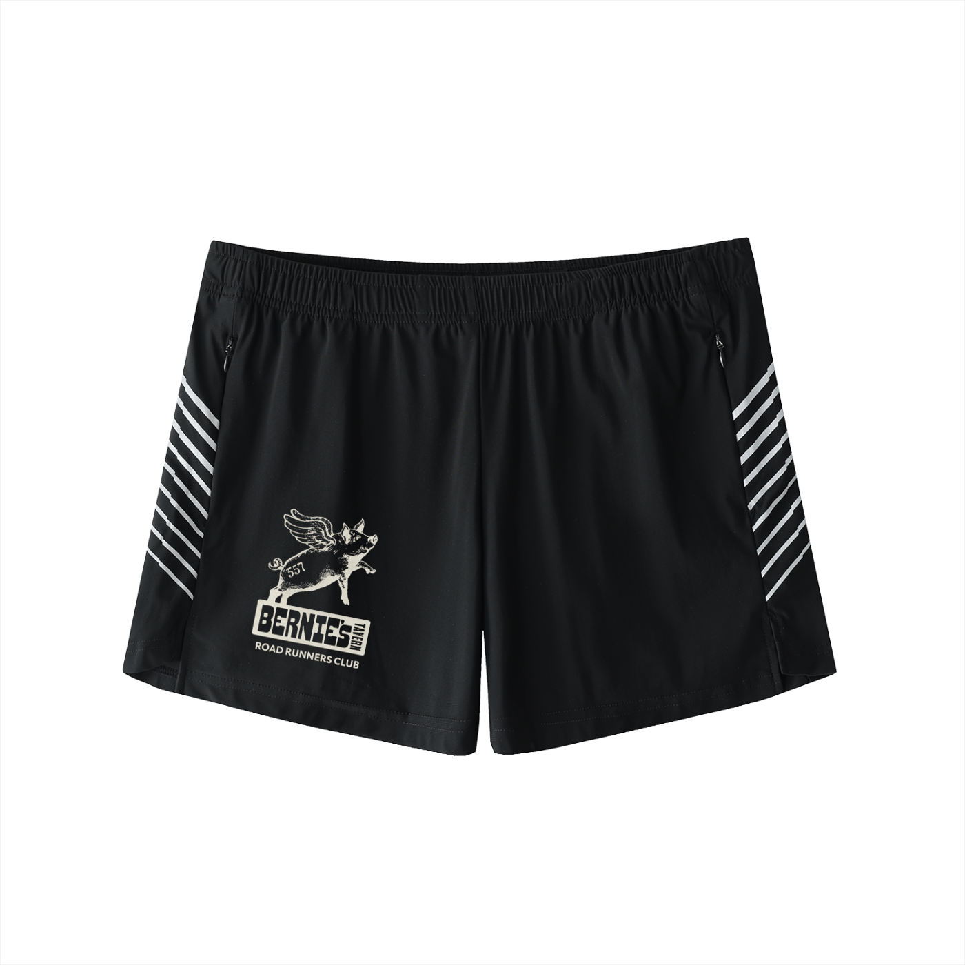 Black shorts with white stripes and a Bernie's x 557 logo on a white background