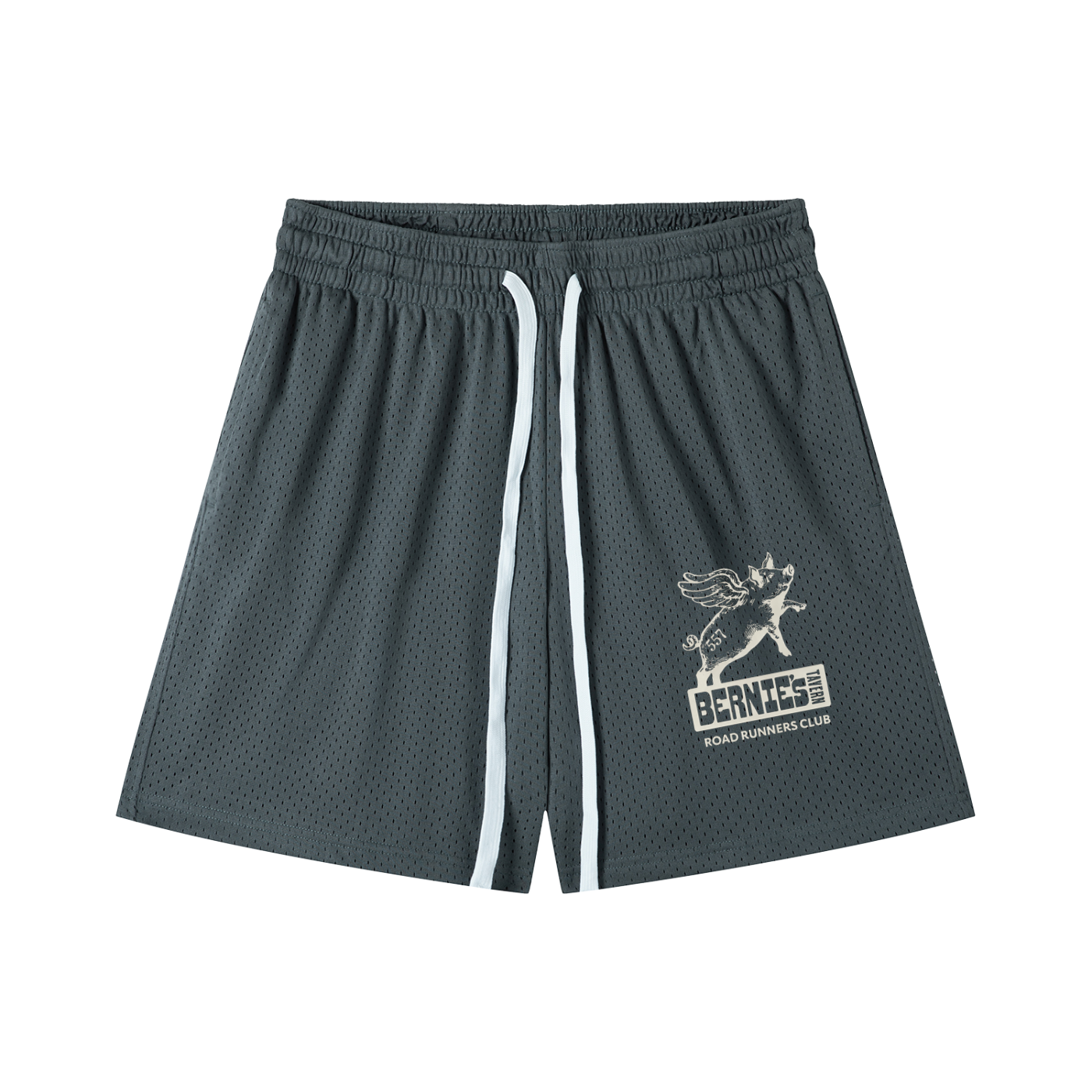 Dark gray shorts with a Bernie's x 557 logo on a white background